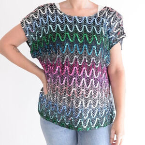 Vintage 80S Lady Caribou Black w Rainbow Sequin Short Sleeve Shirt Mermaid  42